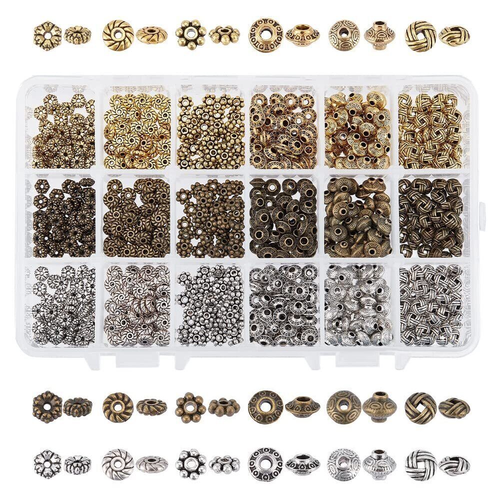 9591 900pcs Metal Spacer Beads, 6 Style Tibetan Gear Bicone Flower Beads